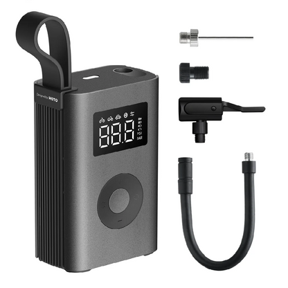 HOTO Electric Air Pump, Portable air pump with digital display and accessories on a white background
