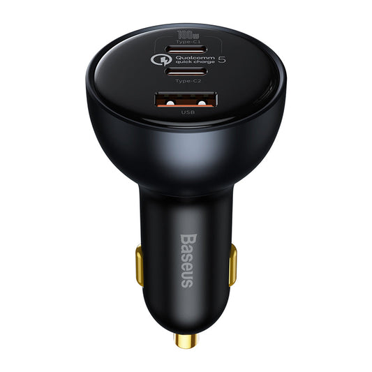 Black car charger with multiple ports on a white background, featuring the Baseus brand.
