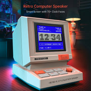Divoom MiniToo Retro Pixel Bluetooth Speaker (1.77" Screen, 5W, App Control) Retro computer-style Bluetooth speaker with digital display in a dark room setting
