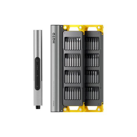 HOTO screwdriver set with multiple bits on a white background