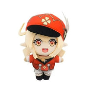 Plush toy of an animated character with red hat and outfit on a white background