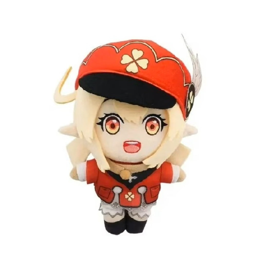 Plush toy of an animated character with red hat and outfit on a white background