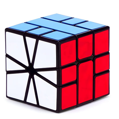 Twisted Rubik's Cube with red, blue, and white sides on a white background