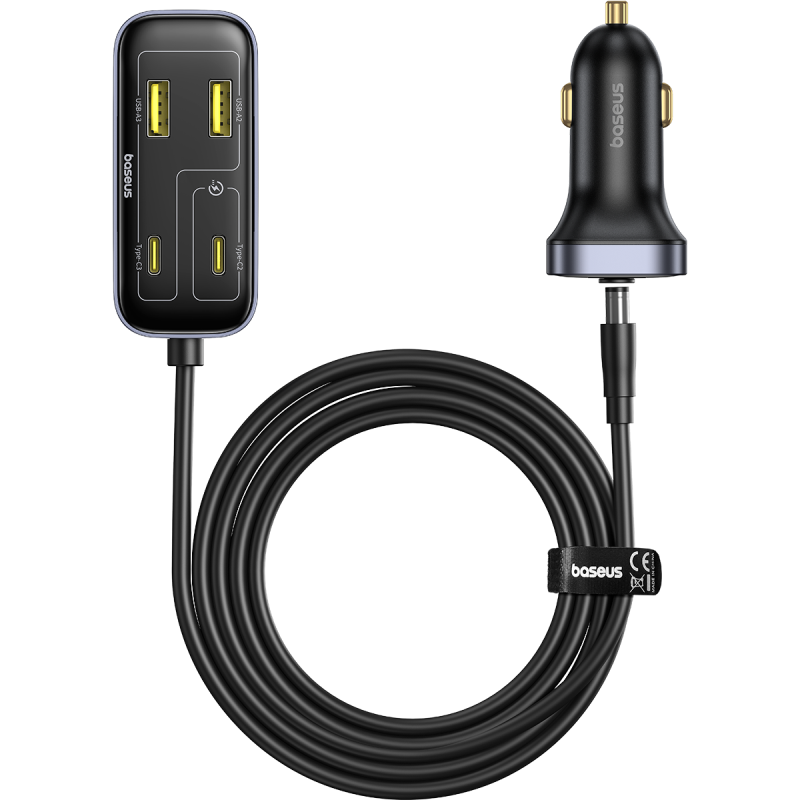 Car charger with USB ports and cable on a white background
