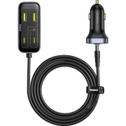 Car charger with USB ports and cable on a white background