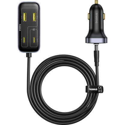 Car charger with USB ports and cable on a white background