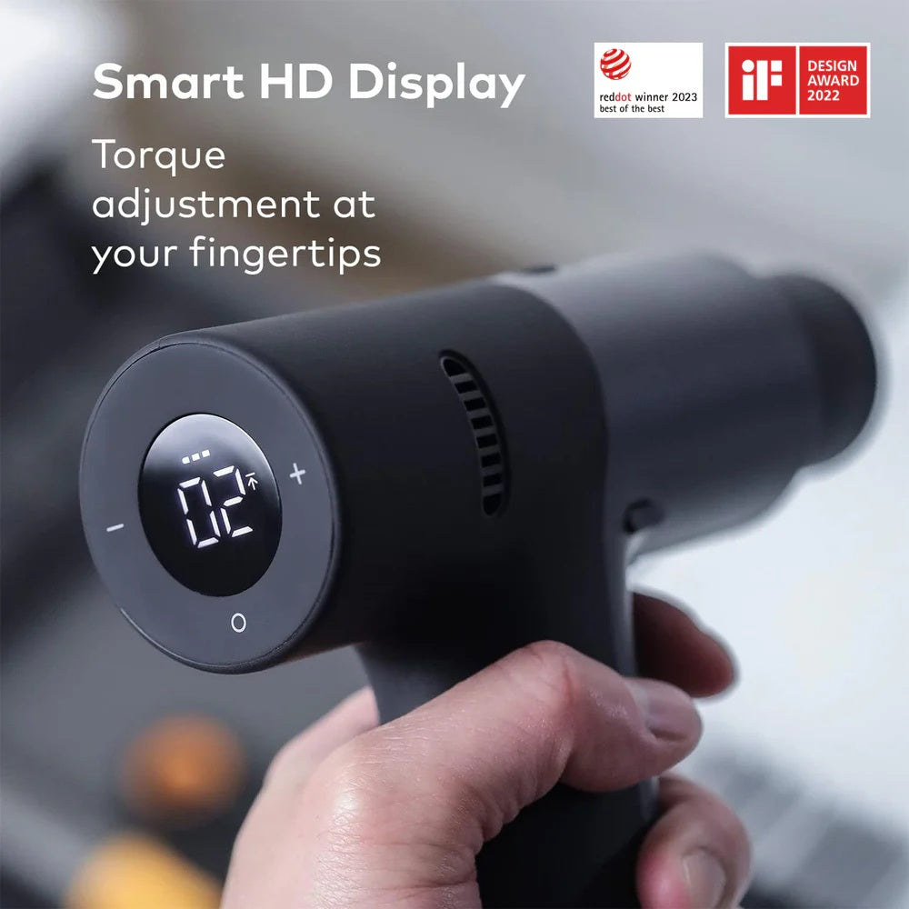 HOTO 12V Brushless Drill Tool Set, Handheld tool with digital display and branding on a blurred background