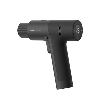 HOTO 12V Brushless Drill, Black handheld device with digital display on a white background