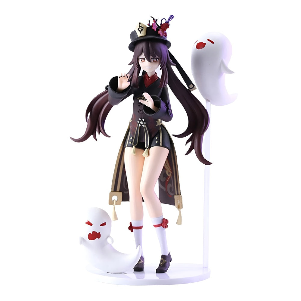 Anime character figurine with dark hair and a hat on a white background