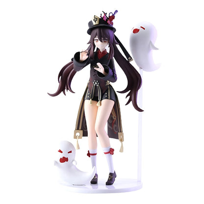 Anime character figurine with dark hair and a hat on a white background