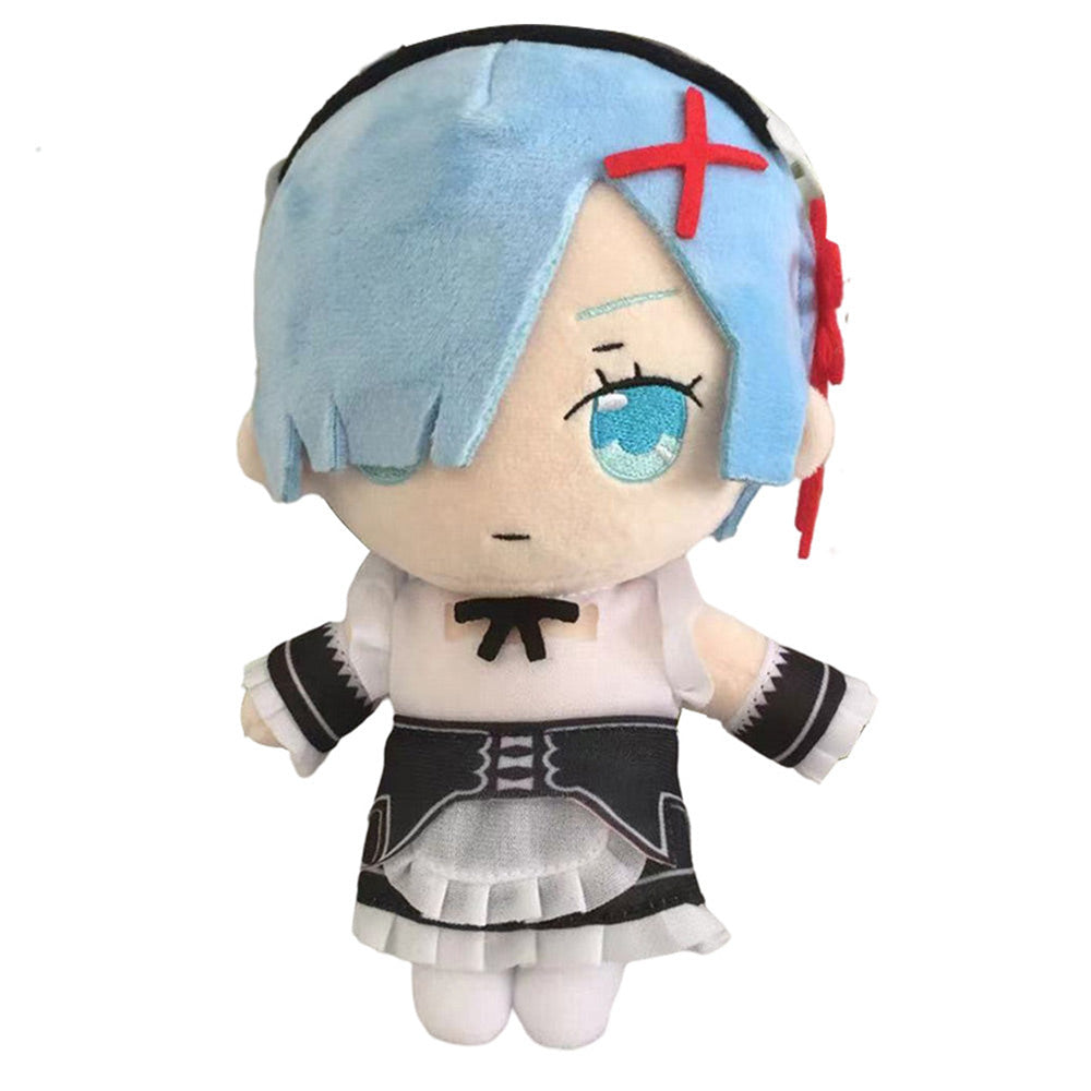 Plush toy with blue hair and a red cross on a white background