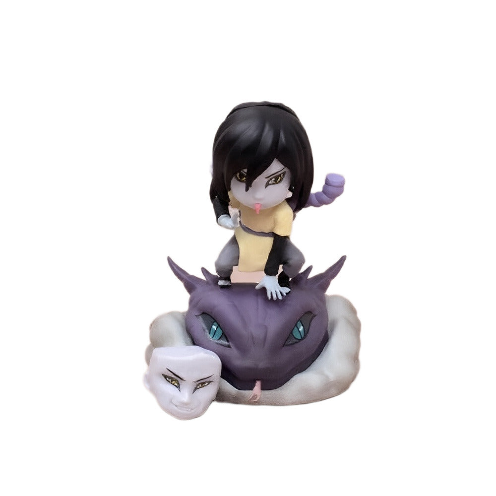 Figurine of a character with black hair and a creature with purple fur on a white background