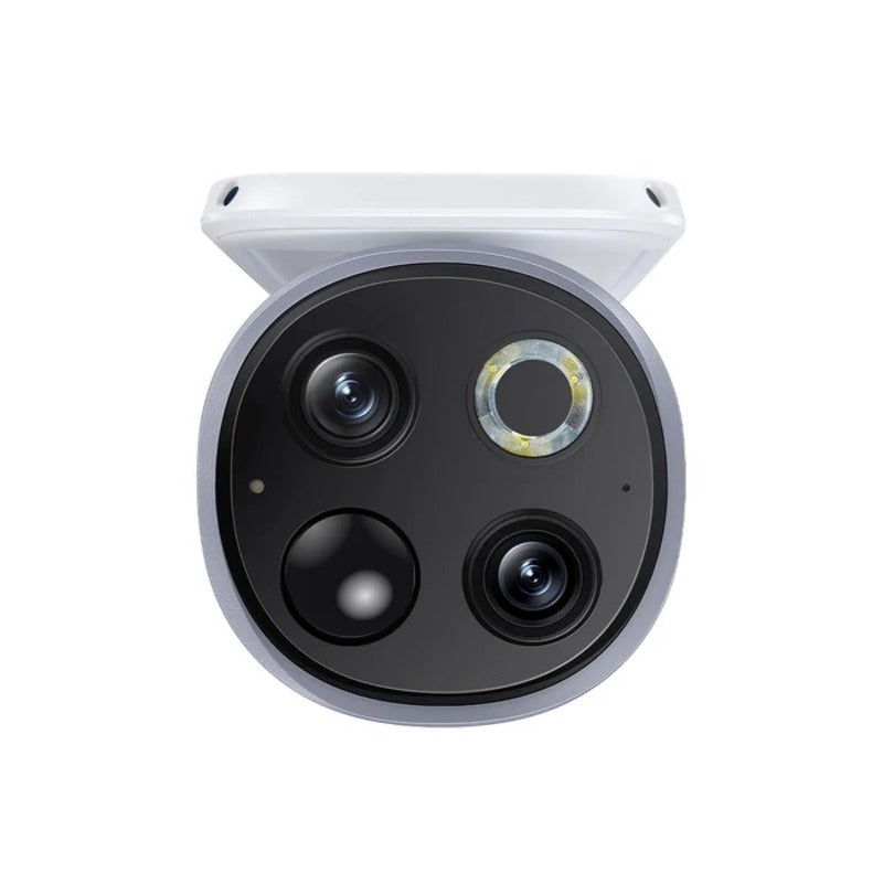 Smart home security camera with multiple lenses on a white background