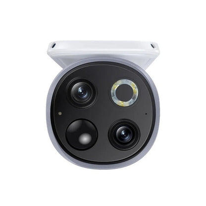 Smart home security camera with multiple lenses on a white background
