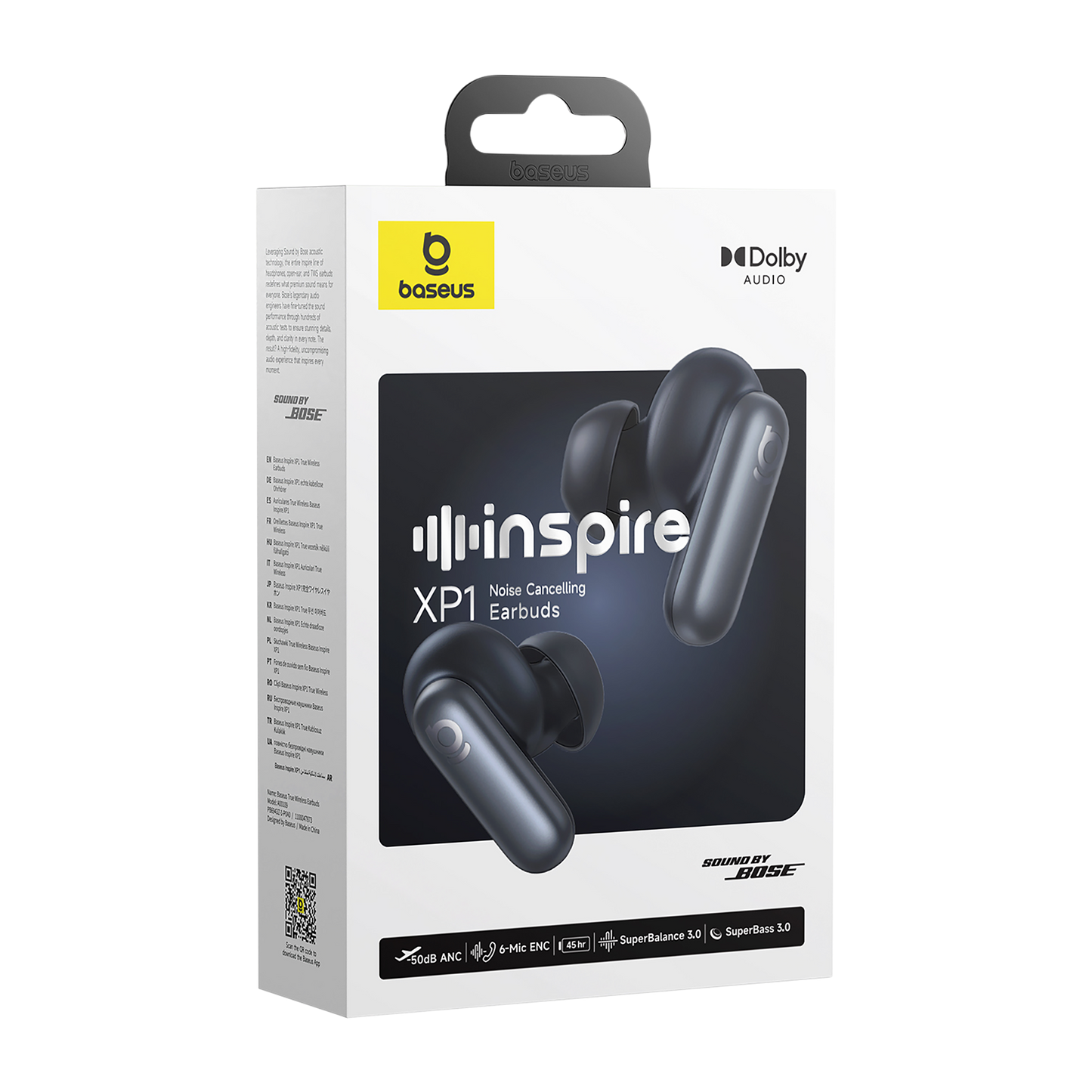 Baseus Inspire XP1 noise-canceling earbuds packaging on a white background