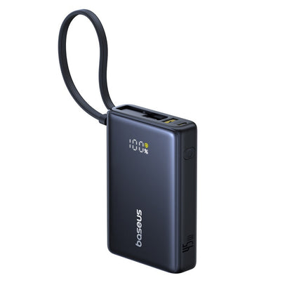 Black power bank with a visible brand logo on a white background