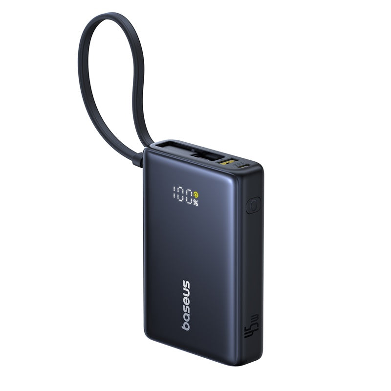 Black power bank with a visible brand logo on a white background