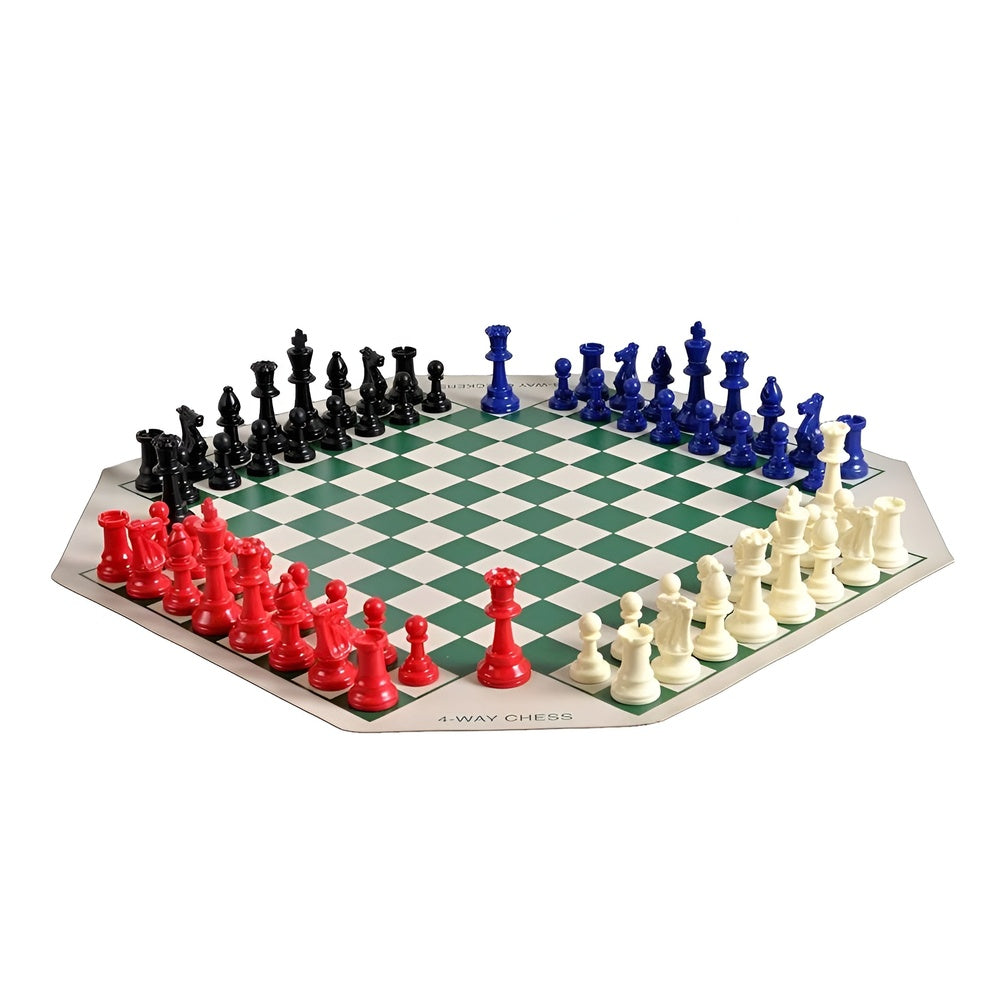 Hexagonal chessboard with colorful chess pieces on a white background
