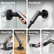 HOTO Cordless Spin Scrubber 6 Brush Head Set of cleaning tools including sponge pad, flat brush, scour pad, cloth pad, small flat brush, and pointed brush with their respective uses.