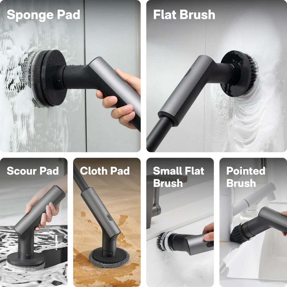 HOTO Cordless Spin Scrubber 6 Brush Head Set of cleaning tools including sponge pad, flat brush, scour pad, cloth pad, small flat brush, and pointed brush with their respective uses.