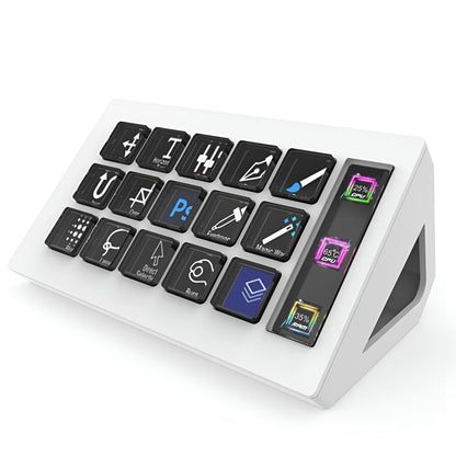 Gadget Time Stream Dock 15‑Key LCD Controller (Side Info Screen, USB‑C) White electronic device with black and colorful buttons on a white background