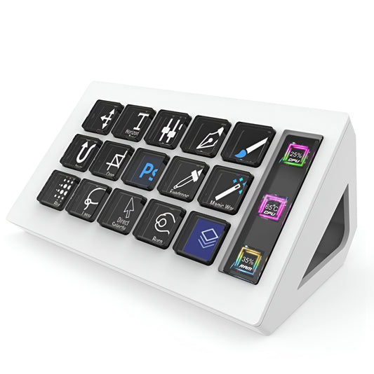 Gadget Time Stream Dock 15‑Key LCD Controller (Side Info Screen, USB‑C) White electronic device with black and colorful buttons on a white background