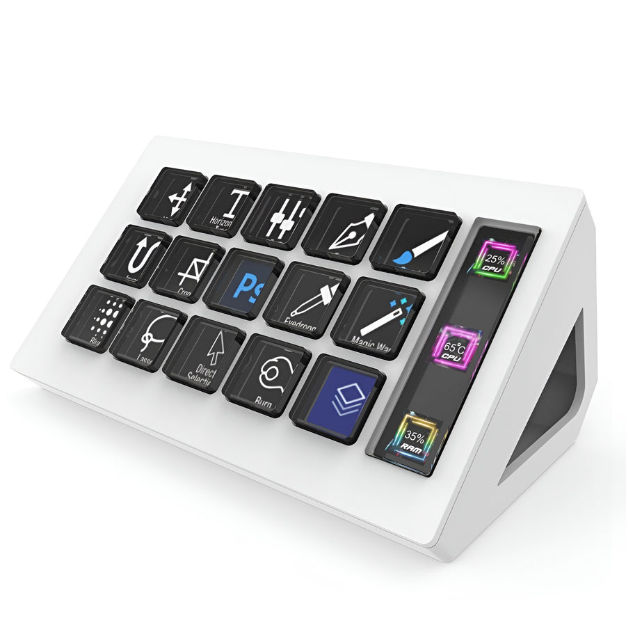 Gadget Time Stream Dock 15‑Key LCD Controller (Side Info Screen, USB‑C) White electronic device with black and colorful buttons on a white background