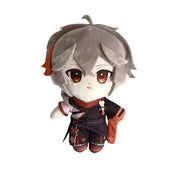 Plush toy with gray hair and red accents on a white background