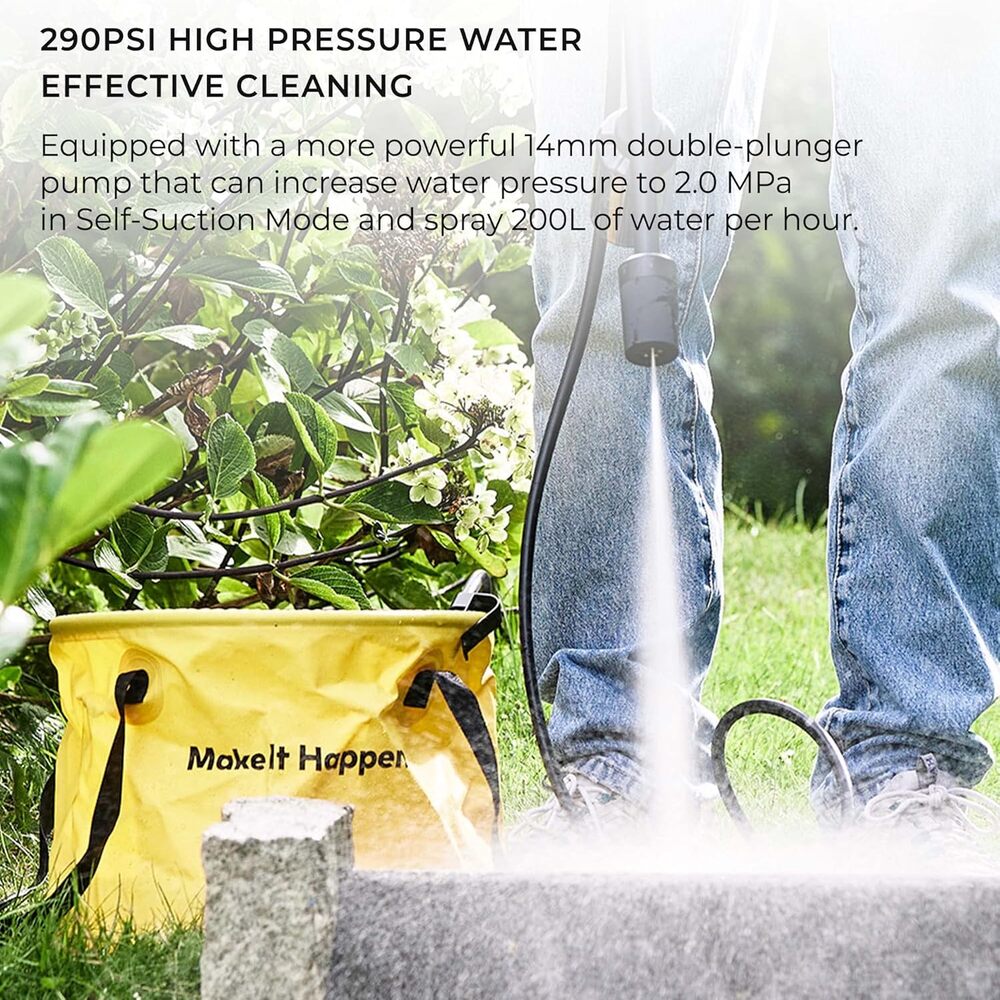 HOTO 20V Pressure Washer Pro, Person using a high-pressure washer to clean a garden area with a yellow Maxelt Happen bag nearby.