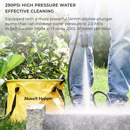 HOTO 20V Pressure Washer Pro, Person using a high-pressure washer to clean a garden area with a yellow Maxelt Happen bag nearby.