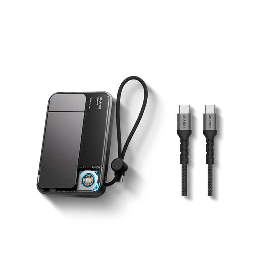 Sharge ICEMAG 3 MagSafe Power Bank (10000mAh, 25W Wireless, 35W USB‑C PD) Black portable charger with a strap and two cables on a white background