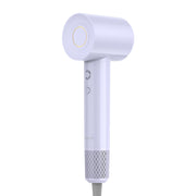 A sleek, white handheld hair dryer with a gold accent ring around the circular nozzle, shown against a solid white background.