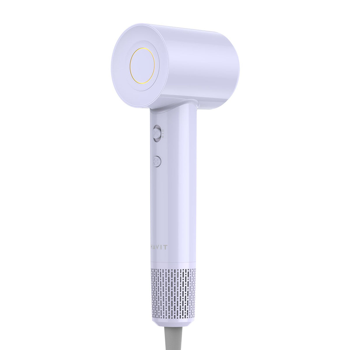 A sleek, white handheld hair dryer with a gold accent ring around the circular nozzle, shown against a solid white background.