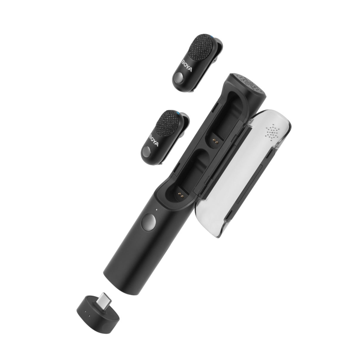 Black and silver electronic device with attachments on a white background