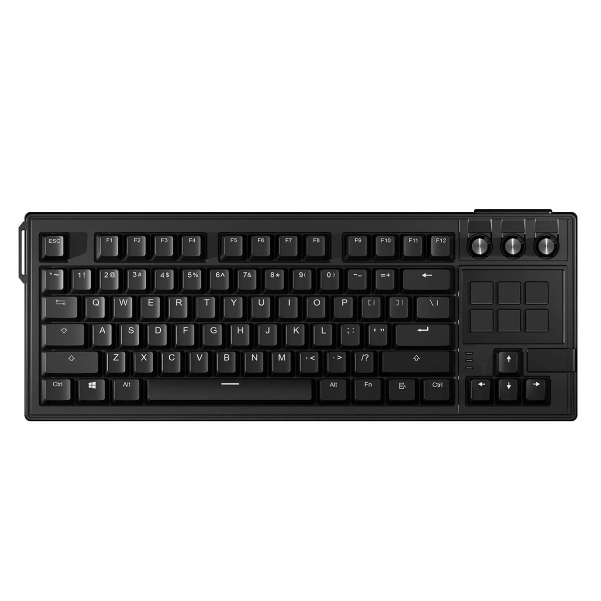 Black mechanical keyboard with additional buttons on a white background
