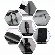 Hexagonal design showcasing features of a product with text labels.