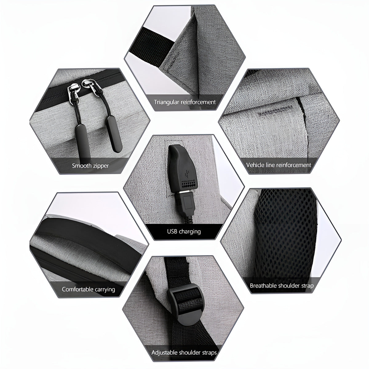 Hexagonal design showcasing features of a product with text labels.