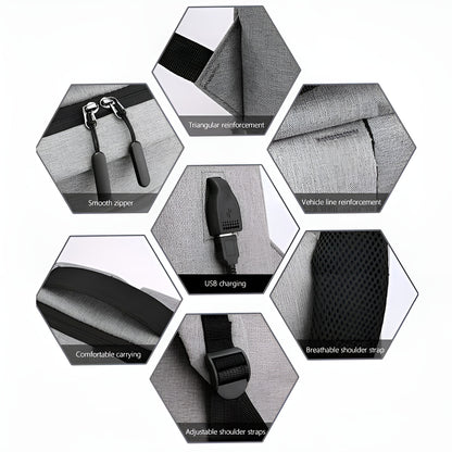 Hexagonal design showcasing features of a product with text labels.