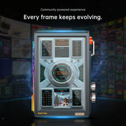 Futuristic digital device with a colorful display against a blurred background