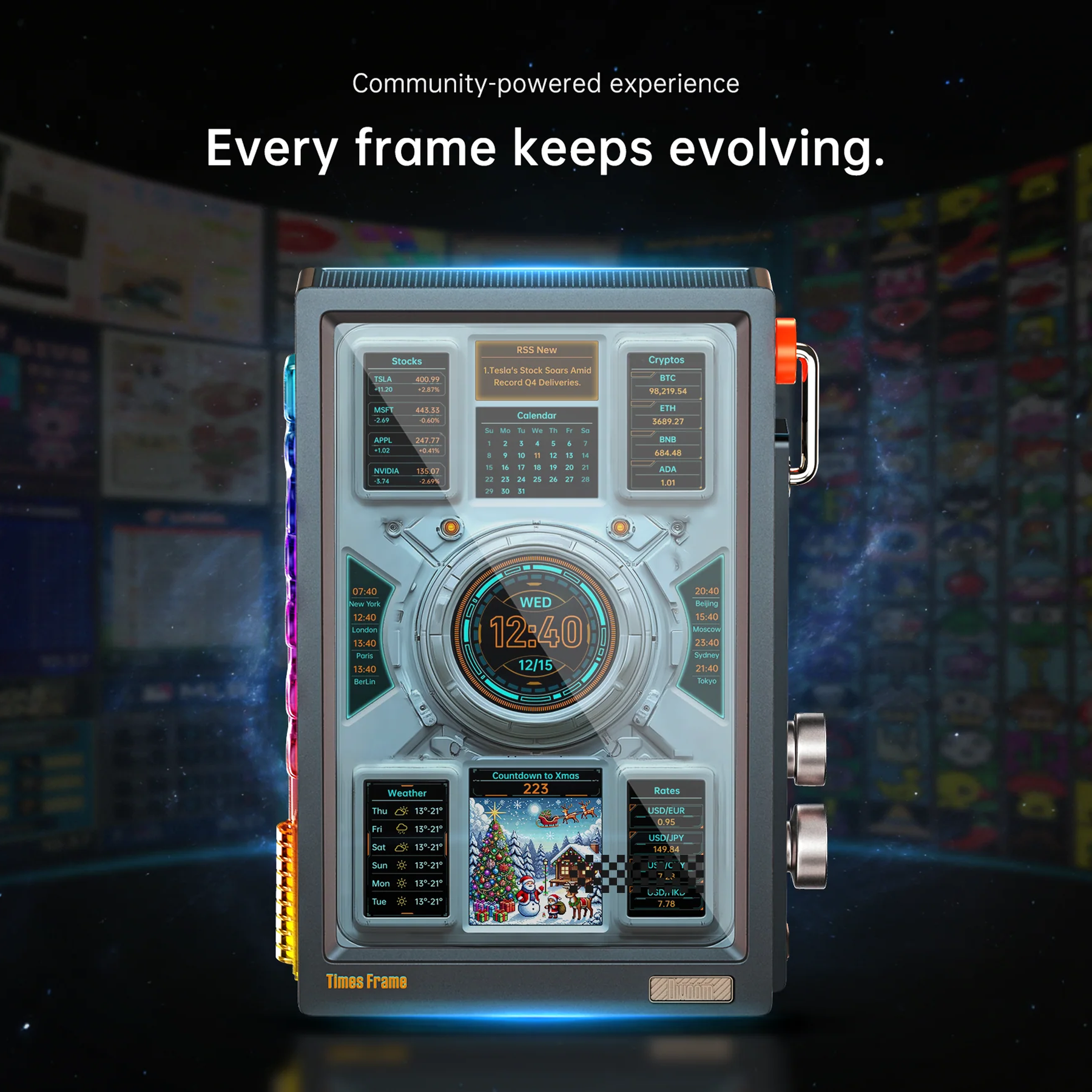 Futuristic digital device with a colorful display against a blurred background