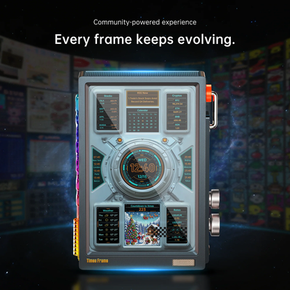 Futuristic digital device with a colorful display against a blurred background