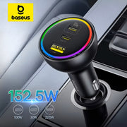 Baseus car charger with multiple USB ports on a car dashboard background