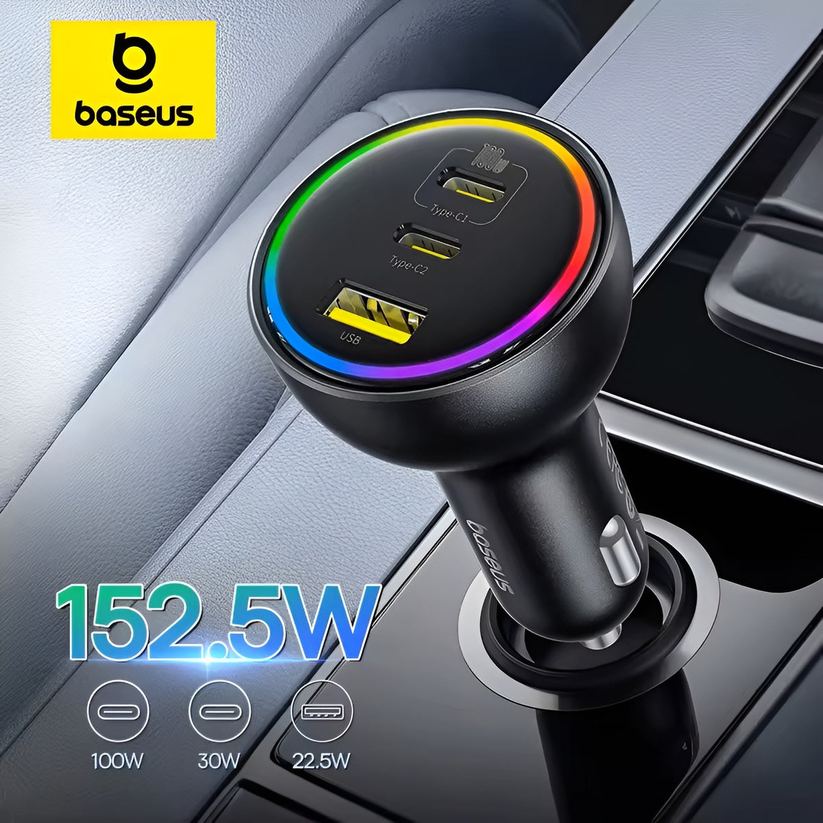 Baseus car charger with multiple USB ports on a car dashboard background