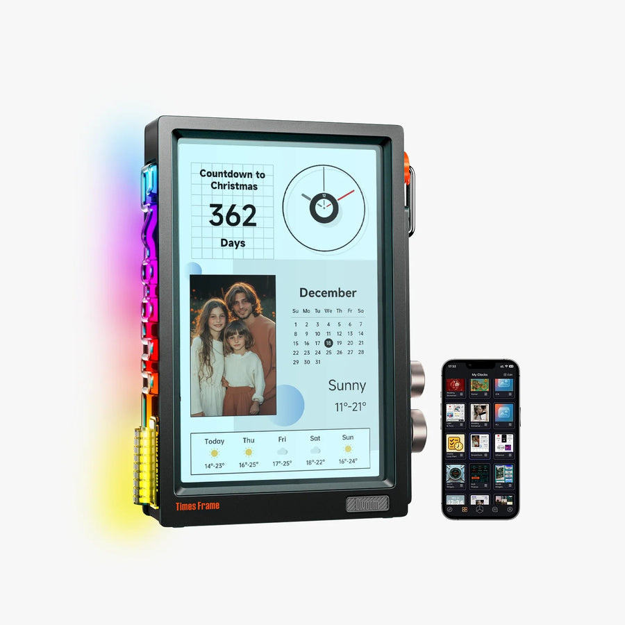 Divoom Times Frame 10.1" Transparent Smart Display (64GB, Wi‑Fi 6, RGB Lighting) Digital display with calendar and smartphone on a white background
