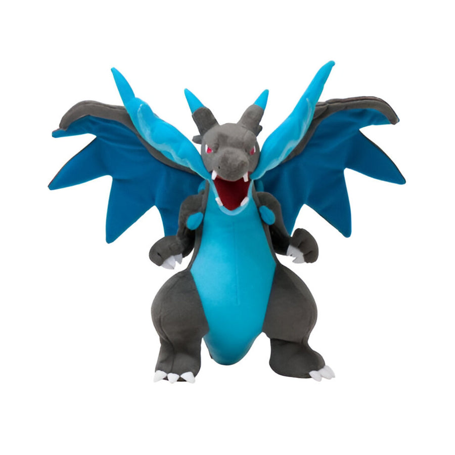 A plush toy of the Pokémon Mega Charizard X, featuring a fierce dragon-like appearance with blue wings and a fierce expression.