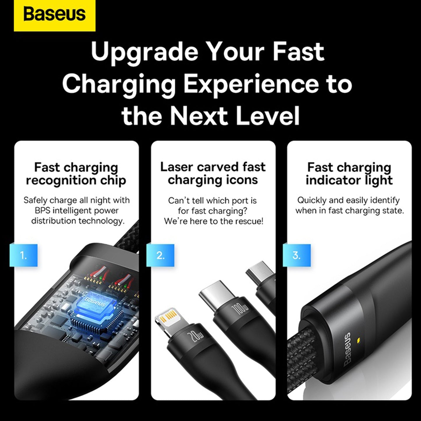 Baseus Flash Series Ⅱ 100W One-for-three Fast Charging Cable Type-C to M+L+C