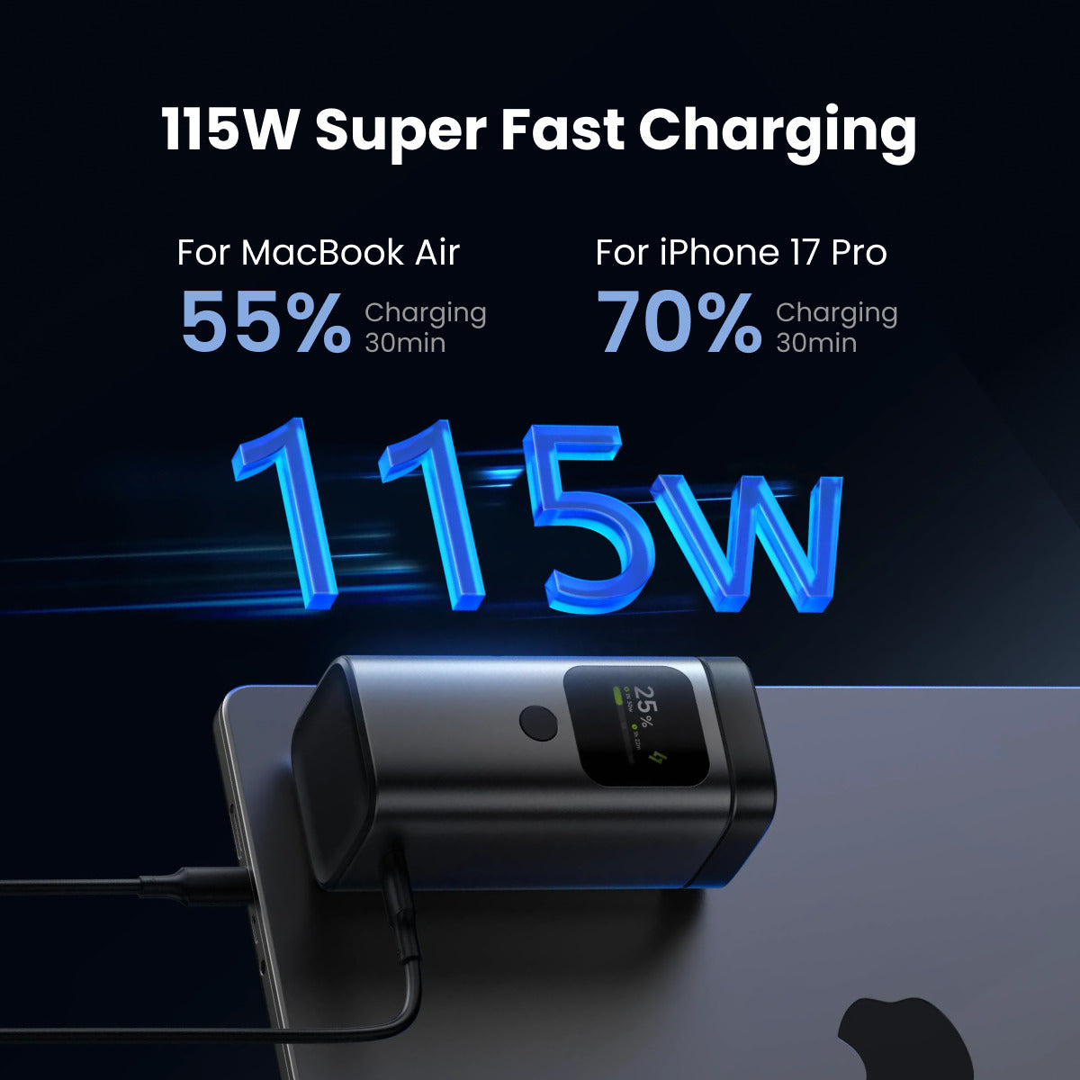 Sharge StandMag 15000 Power Bank (100W USB‑C, Qi2 MagSafe 15W, 15000mAh) 115W super fast charging device with text on a dark background