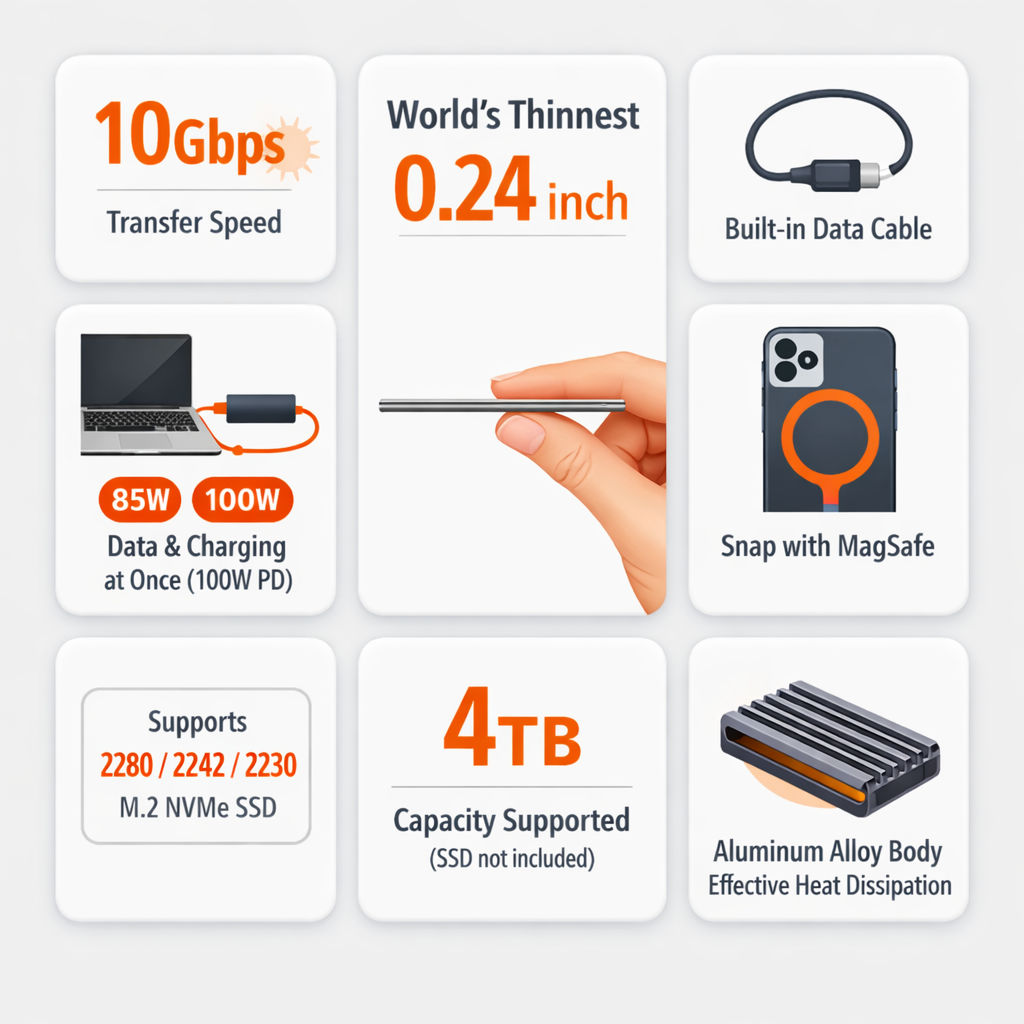 Sharge Disk Plus Ultra‑Slim SSD Enclosure (0.24", 10Gbps, 4TB, 100W PD) Product features including transfer speed, thickness, cable integration, and capacity on a white background.