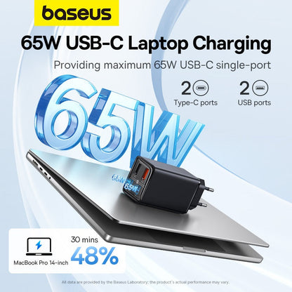 Baseus 65W USB-C laptop charging adapter with a laptop on a light blue background