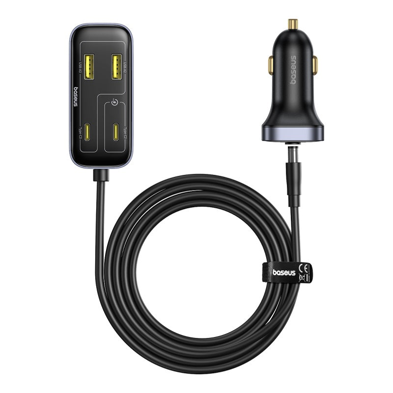 Baseus car charger with two USB ports on a white background